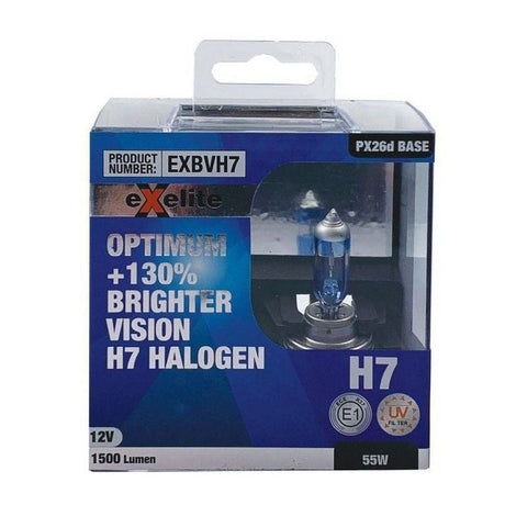 H7 55W Halogen Optimum +130 Brighter Vision Headlight Globes Twin - Exelite | Universal Auto Spares