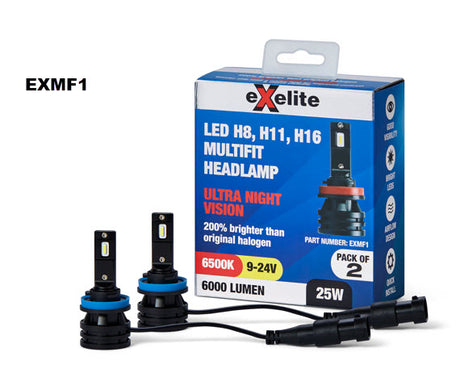 Multifit Led Headlight Globes 6500k (2pc) H8/H11/H16 9V-24V 25W EXMF1 - Exelite