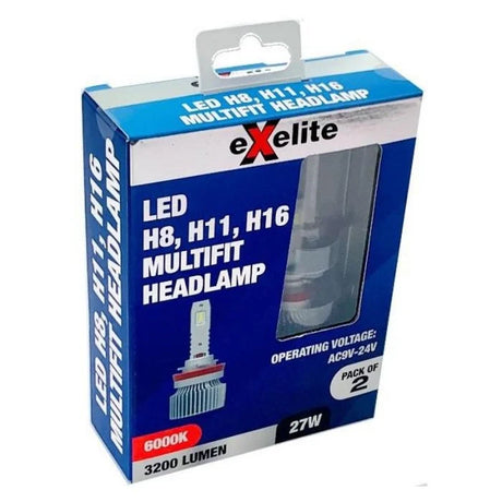 Multifit Led Headlight Globes 6000k 3200 Lumen (2pc) H8/H11/H16 9V-24V 27W EXMF1 - Exelite | Universal Auto Spares
