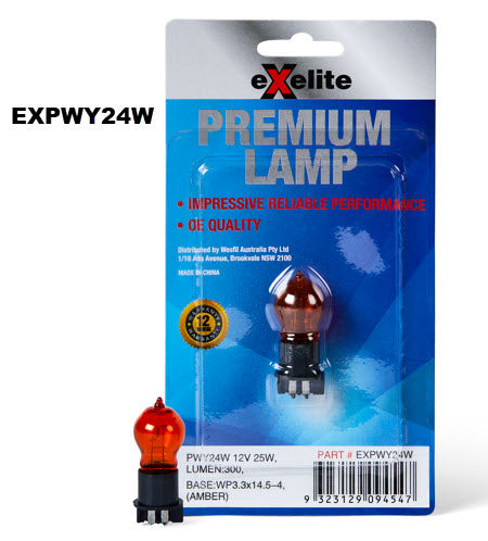 Premium Incandescent Globe 12V 25W WP3.3x14.5-4 (AMBER) PWY24W - Exelite