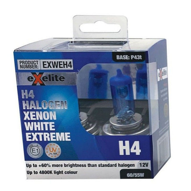 H4 60/55W Halogen Xenon White Extreme Headlight Globes Twin Pack EXWEH4 - Exelite