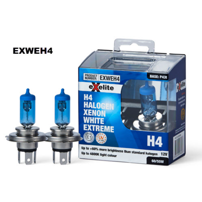 H4 60/55W Halogen Xenon White Extreme Headlight Globes Twin Pack EXWEH4 - Exelite