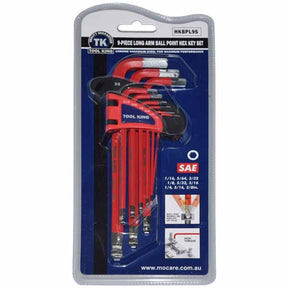 Hex Key Set SAE 9 Piece Long Arm Ball Point - Tool King