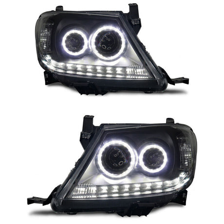 Smoke LED Headlights DRL HALO Projector Angel Eyes Fit For Toyota Hilux 2005-2011 Pair - Machter