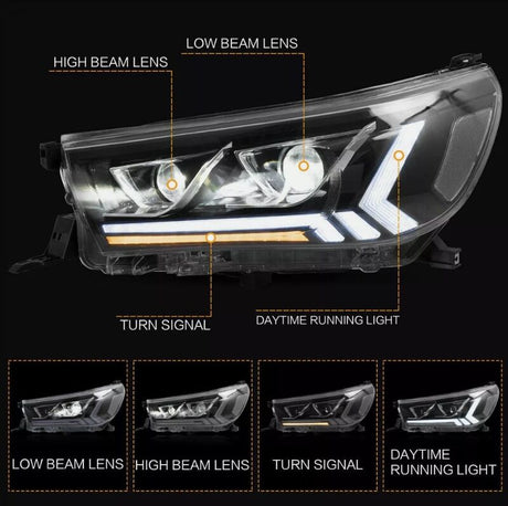 Black LED Projector Headlights Dynamic Indicators Fit For Toyota Hilux Revo 2015-2020 HL-TA073LS - Machter