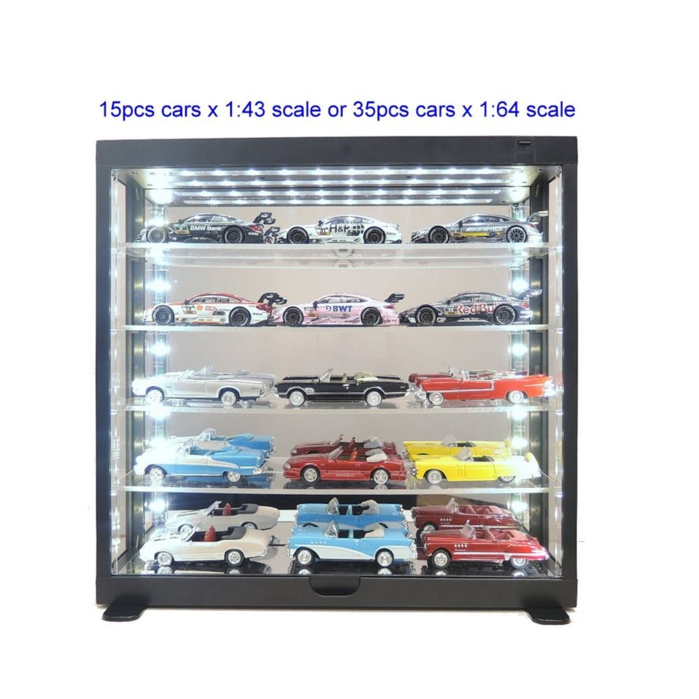 Black Five - Layer LED Model Car Display Case with Mirror Back & Base for 1:64 & 1:43 Scale Collectible - Diecast Models