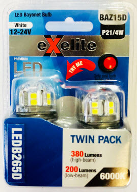 LED Bayonet Bulbs 9-16V 21/5W BAZ15D 6000K (2PK) LEDB265D - Exelite