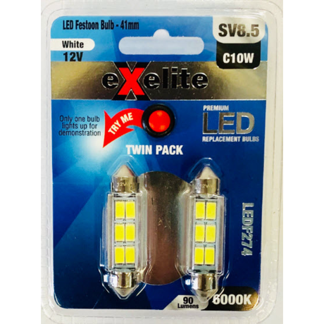 LED Festoon Bulbs 12V 10W 41mm SV8.5 T11 6000K (2PK) - Exelite | Universal Auto Spares