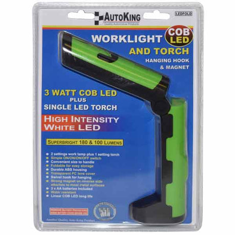 3W COB LED Worklight + Single LED Torch, Superbright 180 & 100 Lumens - AUTOKING | Universal Auto Spares