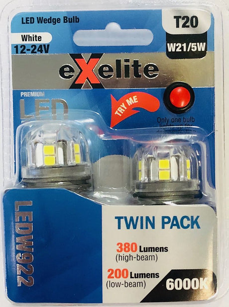 Led Wedge Bulbs 10-30V 21/5W T20 6000K (2PK) - Exelite | Universal Auto Spares