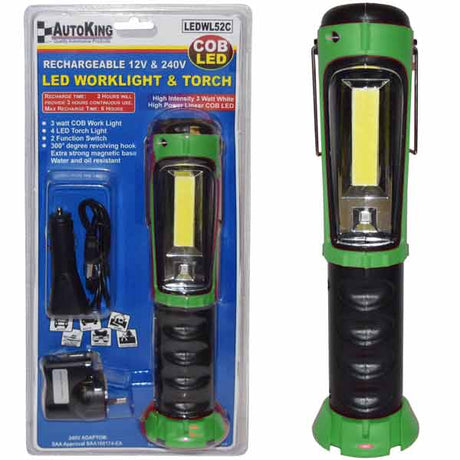 3W COB LED Worklight + 4 LED Torch Rechargeable 12V & 240V - AUTOKING | Universal Auto Spares