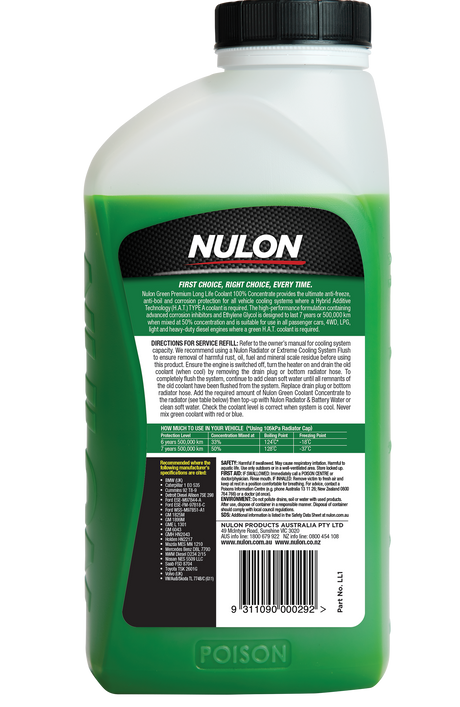 Green Premium Long Life Coolant 100% Concentrate - Nulon | Universal Auto Spares