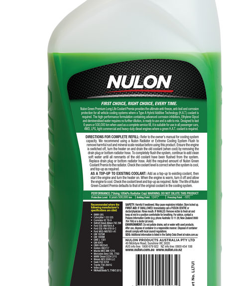 Green Premium Long Life Coolant Premix - Nulon | Universal Auto Spares