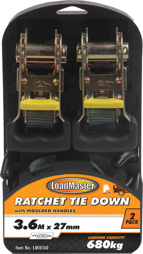 2 Pieces 3.6 Meter Ratchet Tie Down Set, Heavy Duty Hooks - LoadMaster