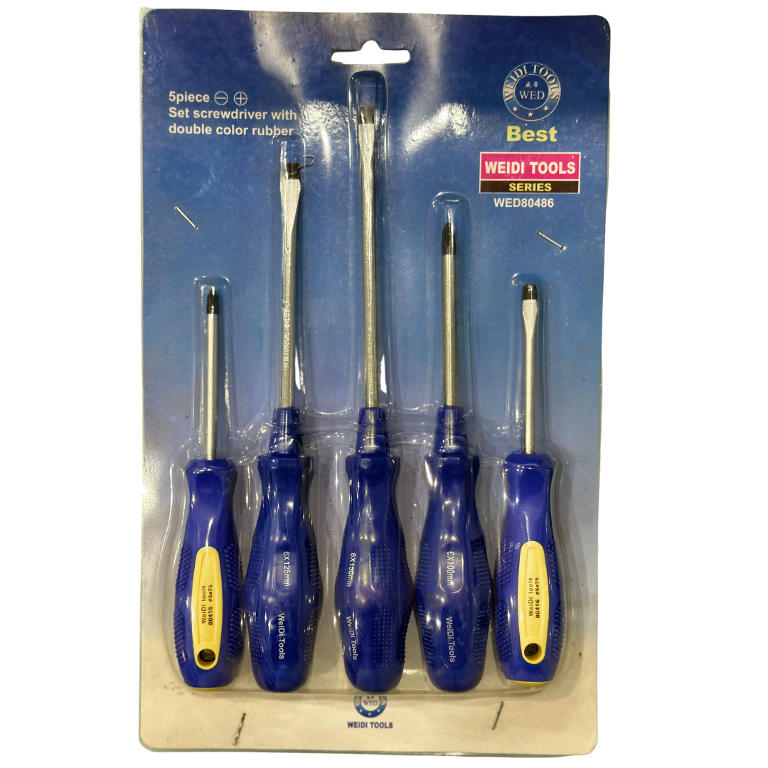 5 Pieces Set Screwdriver With Double Colour Rubber - Weldi Tools | Universal Auto Spares