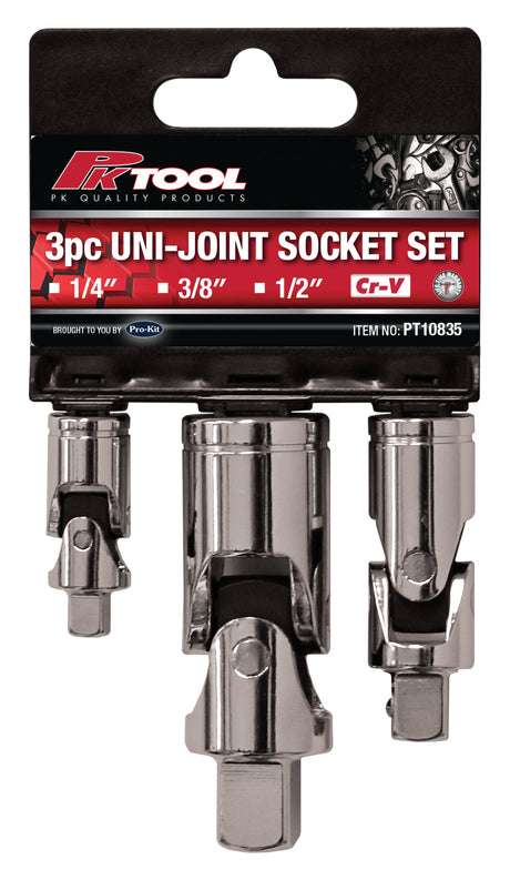 3 Pieces 1/4”, 3/8” & 1/2” CR-V Socket Universal Joint Drive Set - PKTool