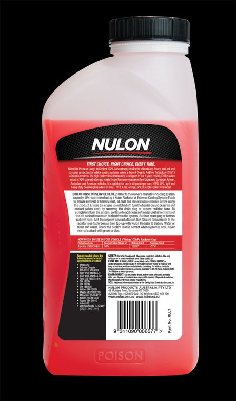 Red Premium Long Life Coolant 100% Concentrate - Nulon | Universal Auto Spares