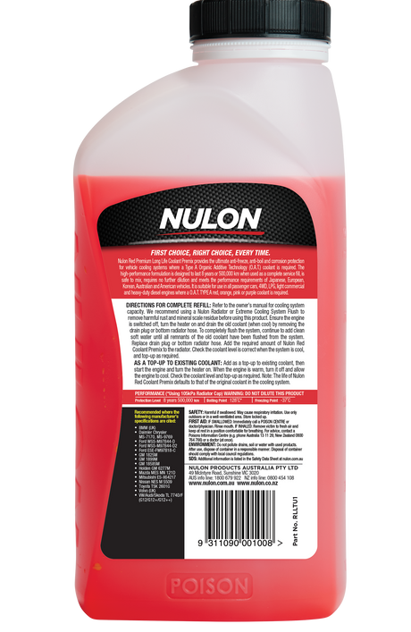 Red Premium Long Life Coolant Premix - Nulon | Universal Auto Spares