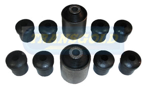 Set of black rubber bushings on a white background
