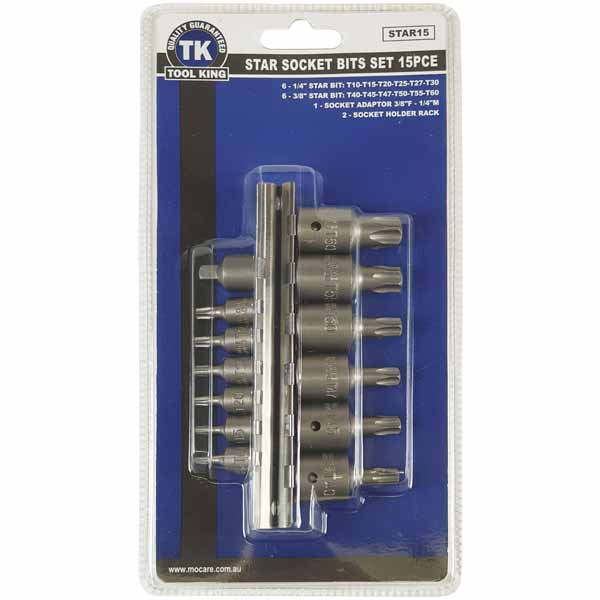 Security Star Bit Set 15 Piece 1/4" & 3/8" Chrome Vanadium - Tool King | Universal Auto Spares