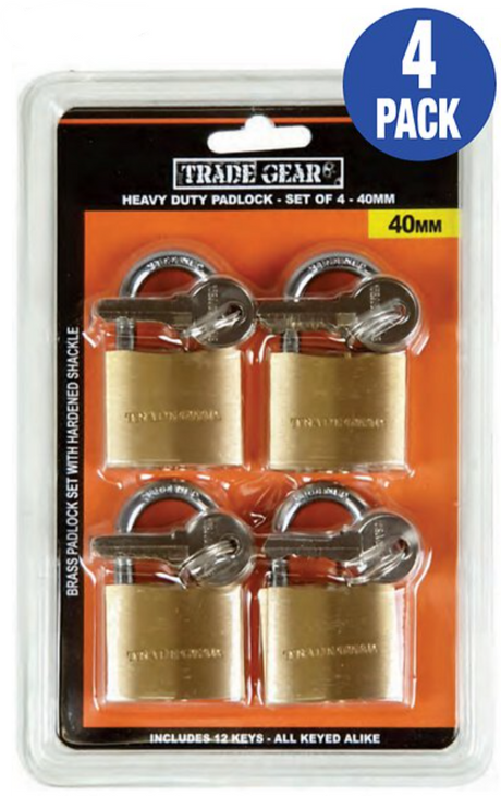 4 Piece Brass Padlock with 3 Keys 30-40mm - Trade Gear 40mm