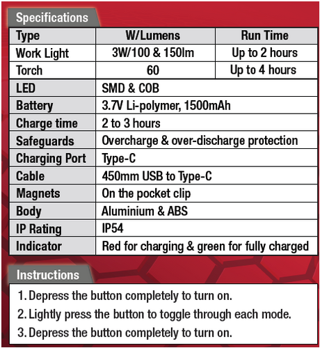 Rechargeable LED Multi Mode Work Light & Torch - PKTool | Universal Auto Spares