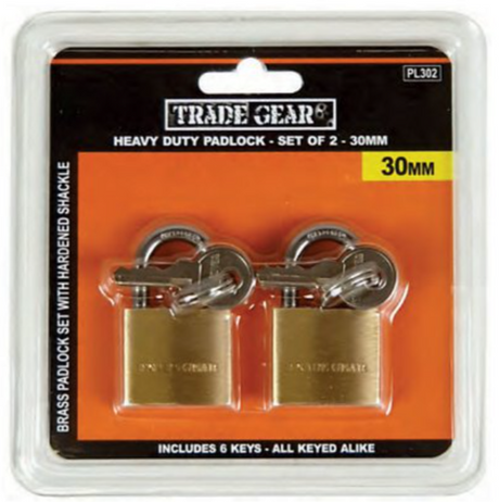 2 Piece Brass Padlock with 3 Keys 30-40mm - Trade Gear 30mm