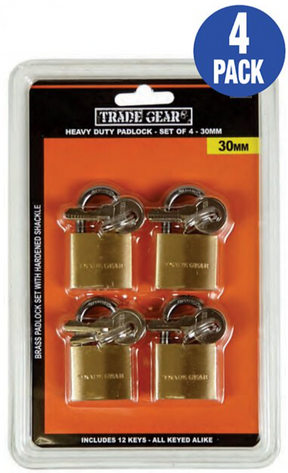 4 Piece Brass Padlock with 3 Keys 30-40mm - Trade Gear 30mm