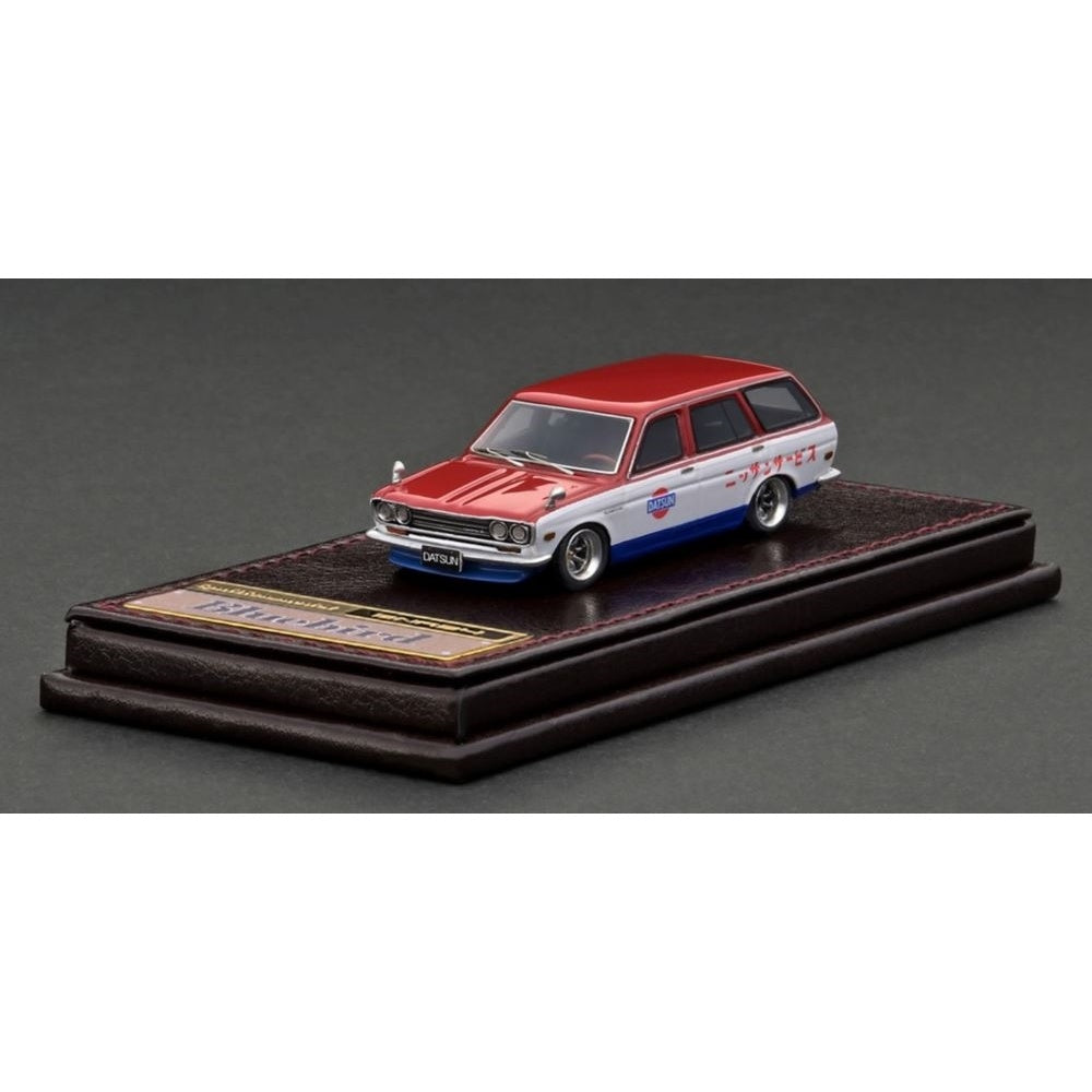 Datsun Bluebird (510) Wagon Red/White/Blue High-End Resin with Display Case Diecast Model Car 1:64 Scale (Approx. 7cm) Collectible | Universal Auto Spares