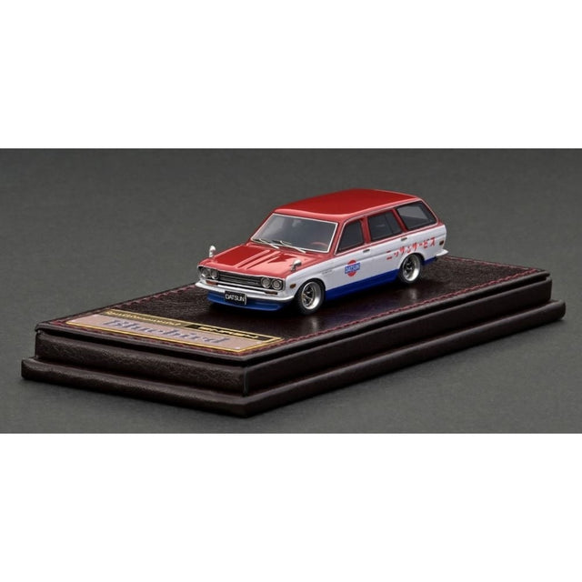 Datsun Bluebird (510) Wagon Red/White/Blue High-End Resin with Display Case Diecast Model Car 1:64 Scale (Approx. 7cm) Collectible | Universal Auto Spares