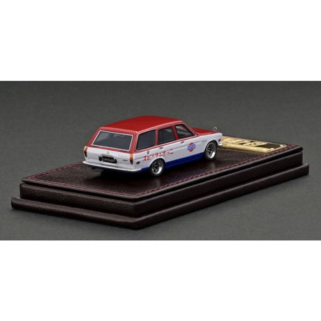 Datsun Bluebird (510) Wagon Red/White/Blue High-End Resin with Display Case Diecast Model Car 1:64 Scale (Approx. 7cm) Collectible