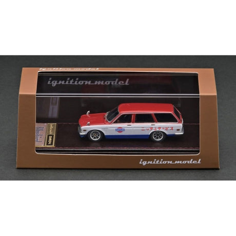 Datsun Bluebird (510) Wagon Red/White/Blue High-End Resin with Display Case Diecast Model Car 1:64 Scale (Approx. 7cm) Collectible