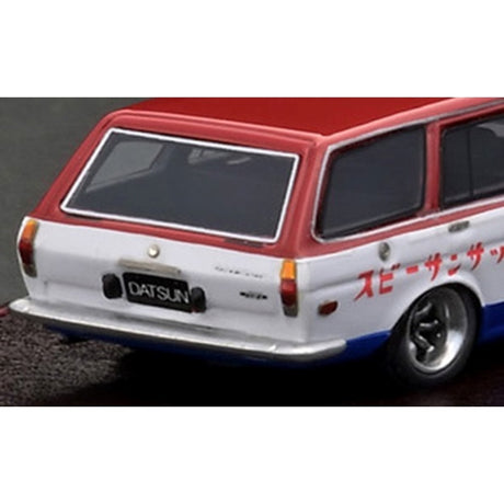 Datsun Bluebird (510) Wagon Red/White/Blue High-End Resin with Display Case Diecast Model Car 1:64 Scale (Approx. 7cm) Collectible