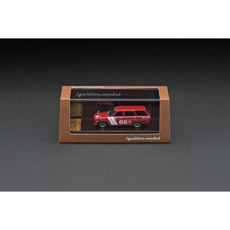 Datsun Bluebird (510) Wagon Red High-End Resin with Acrylic Display Case Diecast Model Car 1:64 Scale (Approx. 7cm) Collectible