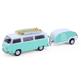 1971 Volkswagen Type 2 Hitch & Tow Series 33 with Surfboards and Teardrop Trailer Diecast Model Car 1:64 Scale (Approx. 7cm) Collectible | Universal Auto Spares