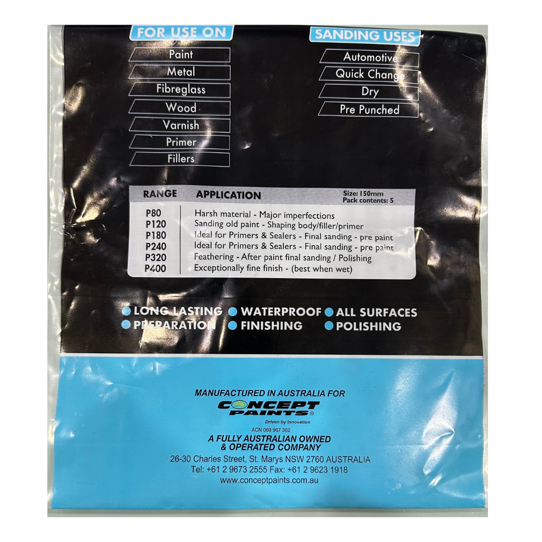 Sanding Discs P240 15 Hole Velcro Primers & Sealers 150mm 5 Pieces - Concept Paint