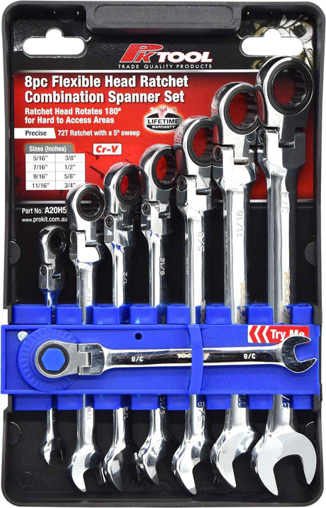 8 Piece Flexible Head Ratchet Combination Spanner Set - PKTool