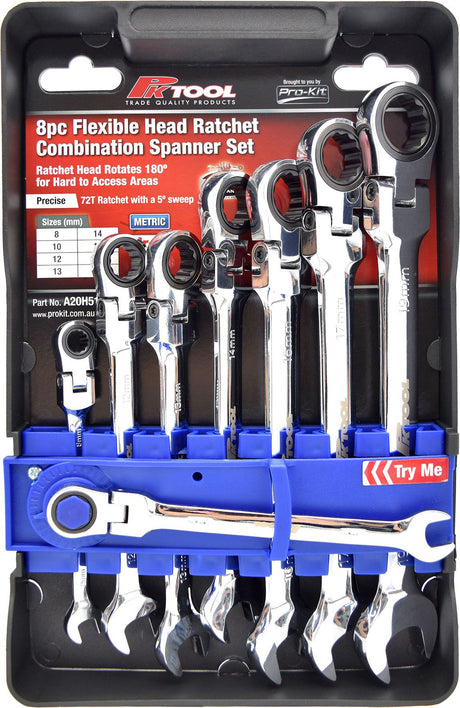 8 Piece Flexible Head Ratchet Combination Spanner Set - PKTool