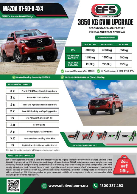 Mazda BT-50-D 4×4 09/2021+ 4wd only 3650kg GVM Upgrade K-MAZ-BT50-GVM - EFS
