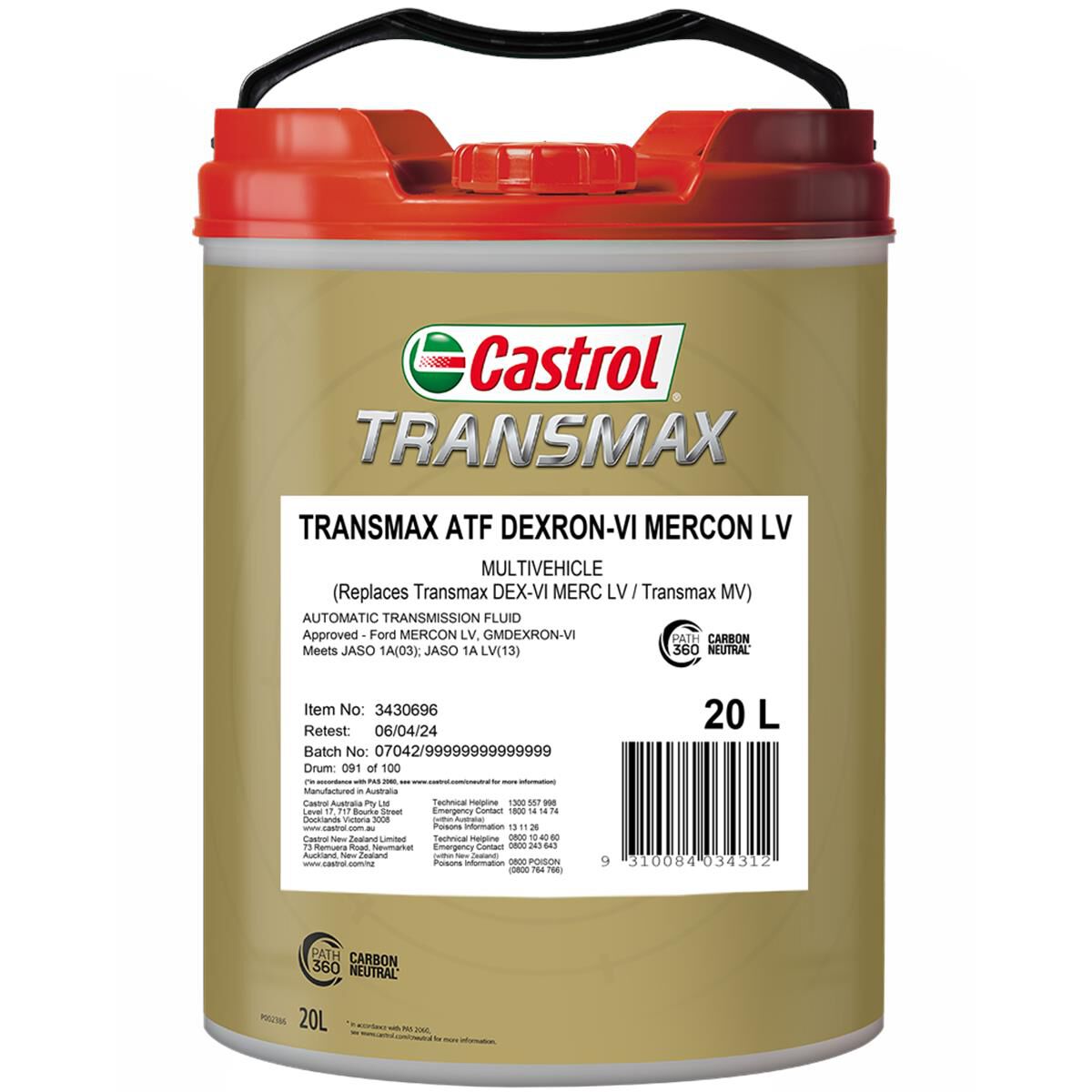 TRANSMAX ATF DEXRON - VI MERCON LV Multivehicle 20L - Castrol - Automatic Transmission Fluid - Castrol