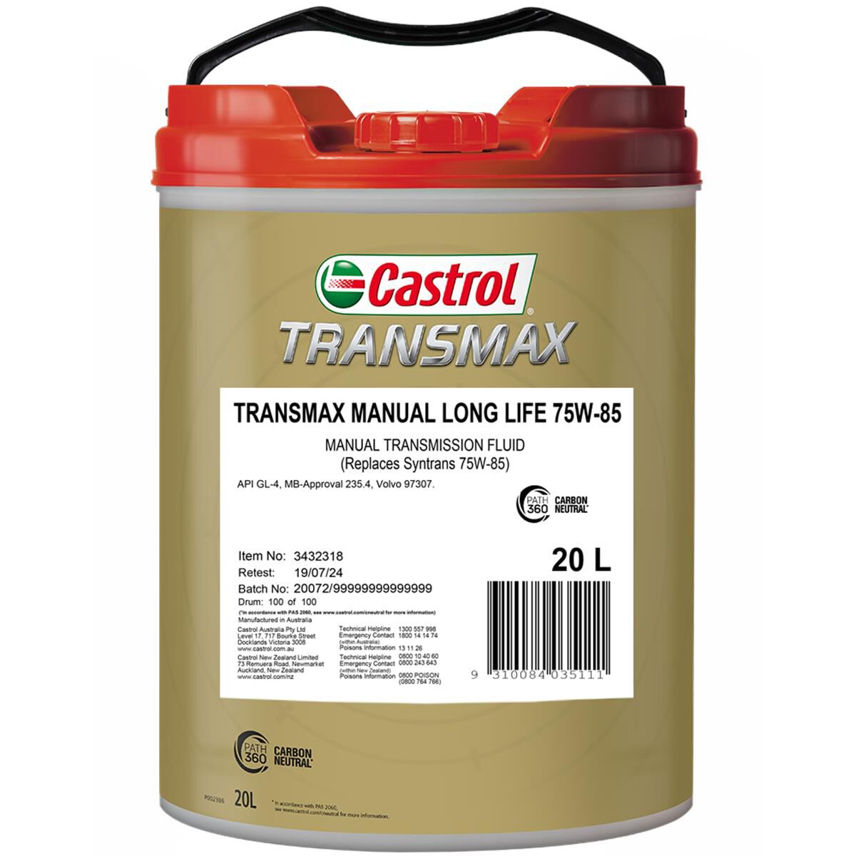 TRANSMAX Manual Long Life 75W - 85 20L - Castrol - Manual Transmission Fluid - Castrol