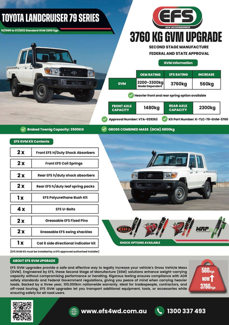 Toyota Landcruiser HZJ79 Series Single & Dual Cab 10/1999 to 07/2012 3760kg GVM Upgrade K-TLC-79-GVM-3760 - EFS