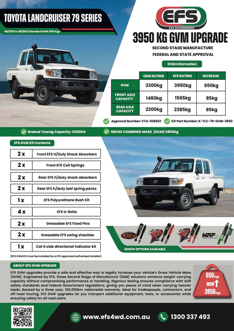 Toyota Landcruiser VDJ79 Series Single & Dual Cab 08/2012 to 08/2022 3950kg GVM Upgrade K-TLC-79-GVM-3950 - EFS