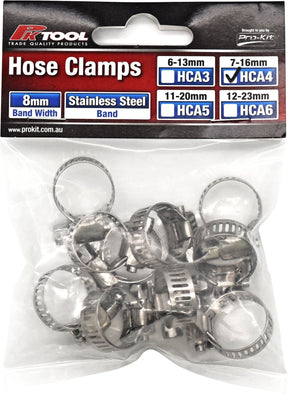 10pc Hose Clamp Pack Fits Hoses 7 to 16mm with 8mm Stainless Steel Band - PKTool | Universal Auto Spares