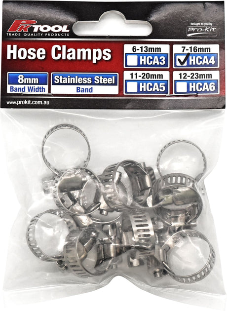 10pc Hose Clamp Pack Fits Hoses 7 to 16mm with 8mm Stainless Steel Band - PKTool | Universal Auto Spares