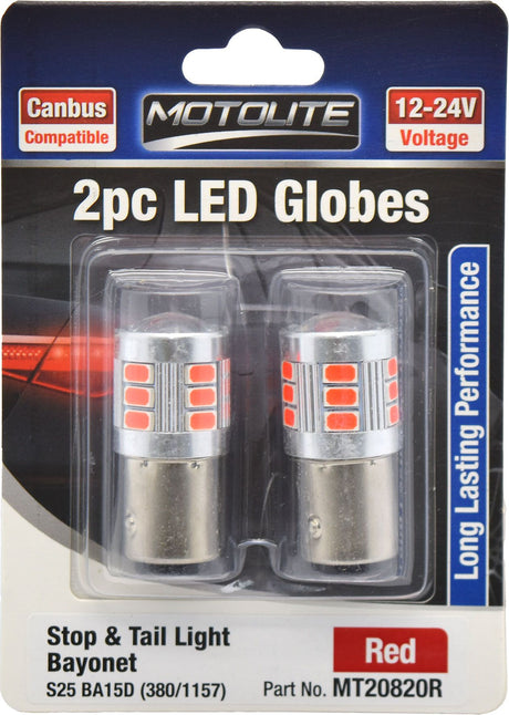 2pc LED Globes S25 BA15D (380/1157) Red - Motolite