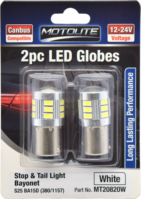 2pc LED Globes S25 BA15D (380/1157) White - Motolite