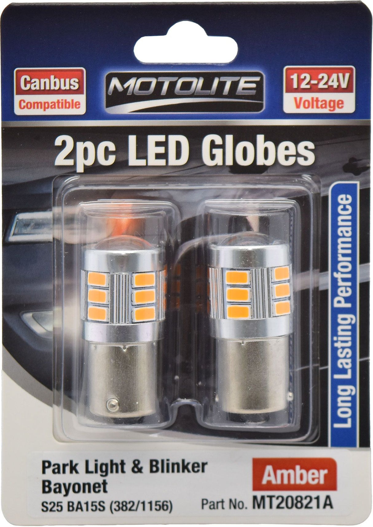 2pc LED Globes S25 BA15S (382/1156) Amber - Motolite