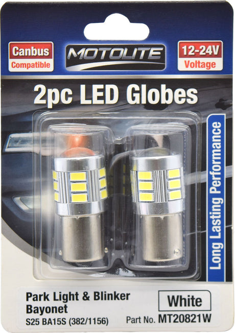 2pc LED Globes S25 BA15S (382/1156) White - Motolite