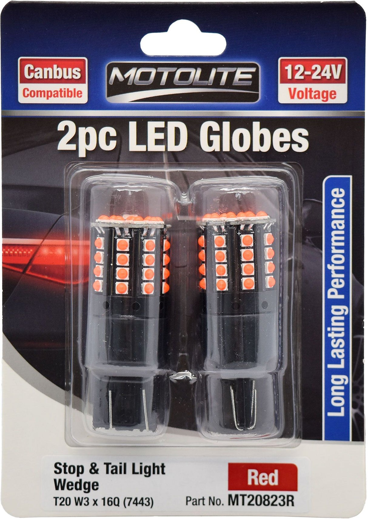 2pc LED Globes T20 W3 x 16D (7440) Red - Motolite